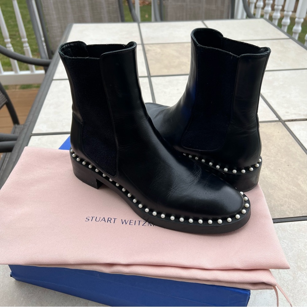 Stuart Weitzman Black Ankle Boots with Pearl Detailing